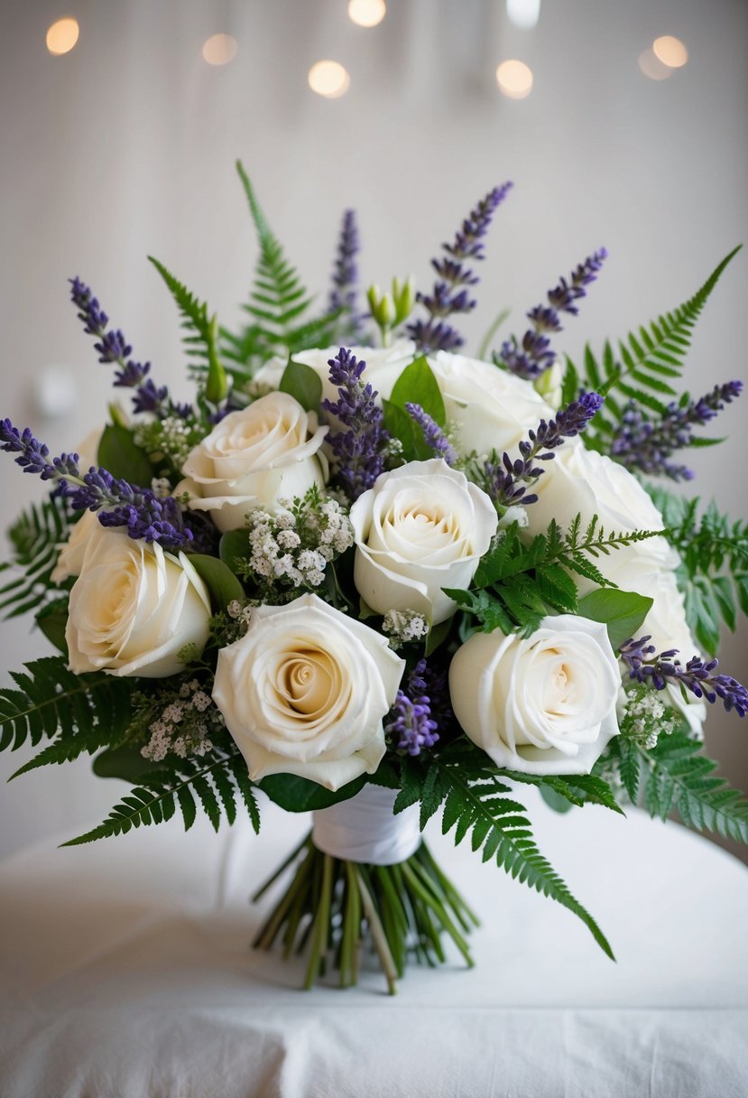 A lush bouquet of white roses, lavender, and ferns, arranged in a delicate and romantic wedding bouquet