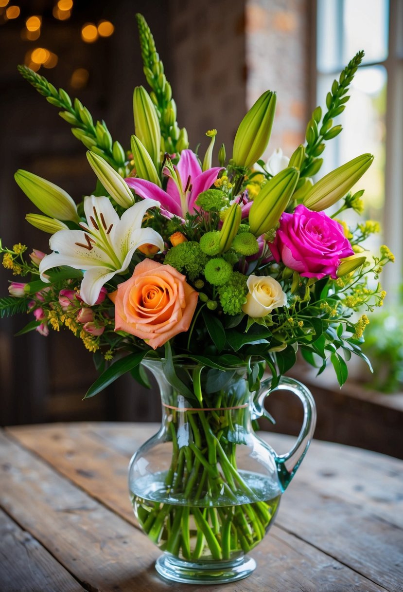 A glass vase filled with a colorful arrangement of flowers, including roses, lilies, and greenery, sits on a rustic wooden table