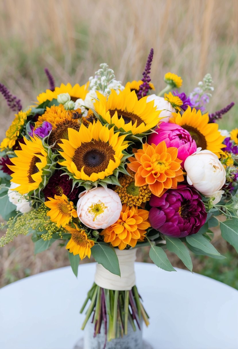 A vibrant collection of wildflowers, including sunflowers, dahlias, and peonies, arranged in a modern, unique wedding bouquet