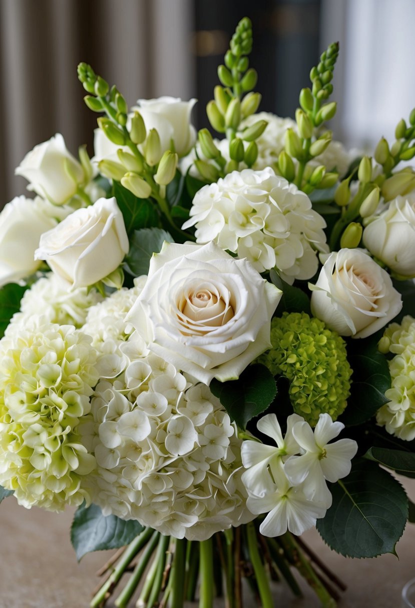 A lush bouquet of white roses, hydrangeas, and snapdragons arranged in a sophisticated and elegant manner