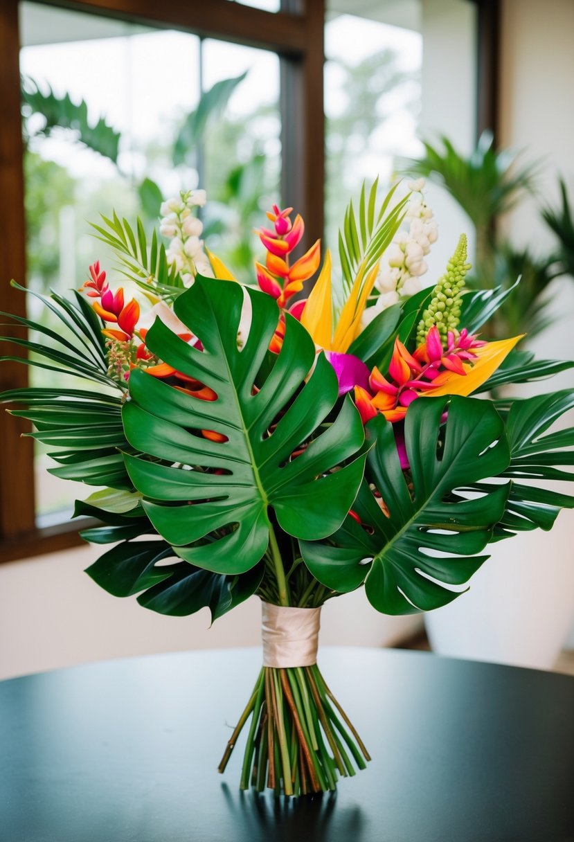 A lush, vibrant wedding bouquet featuring tropical monstera leaves and unique, modern floral elements