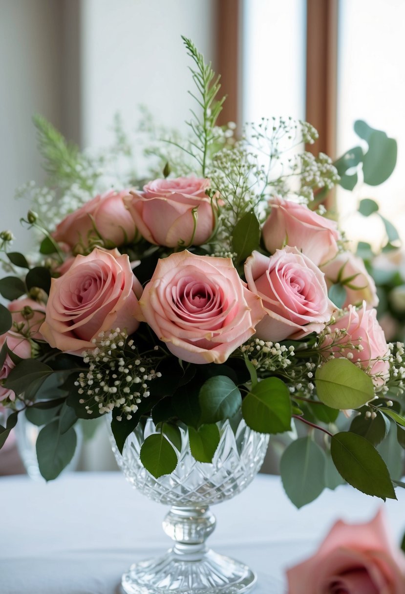 A crystal vase holds a lush arrangement of romantic roses, nestled among delicate greenery and baby's breath