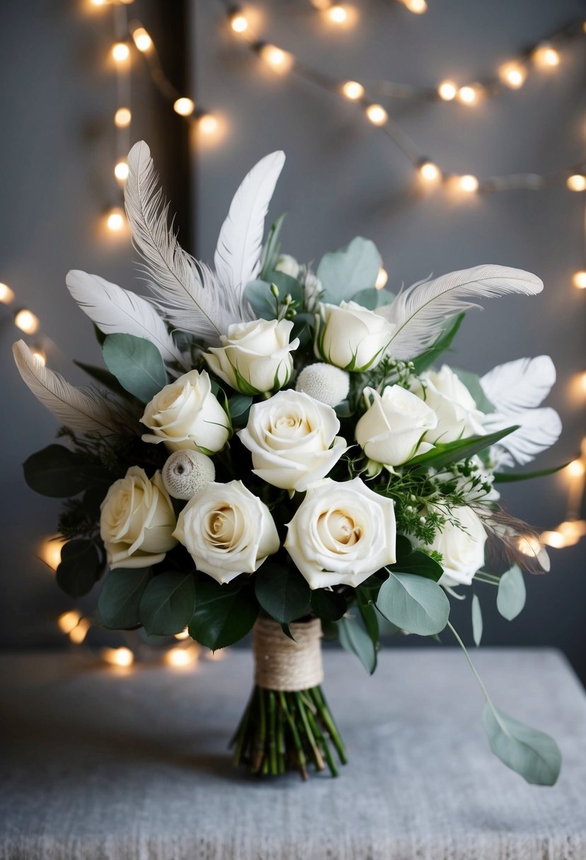 A bohemian-style bouquet of white roses and feathers arranged in an organic, flowing composition