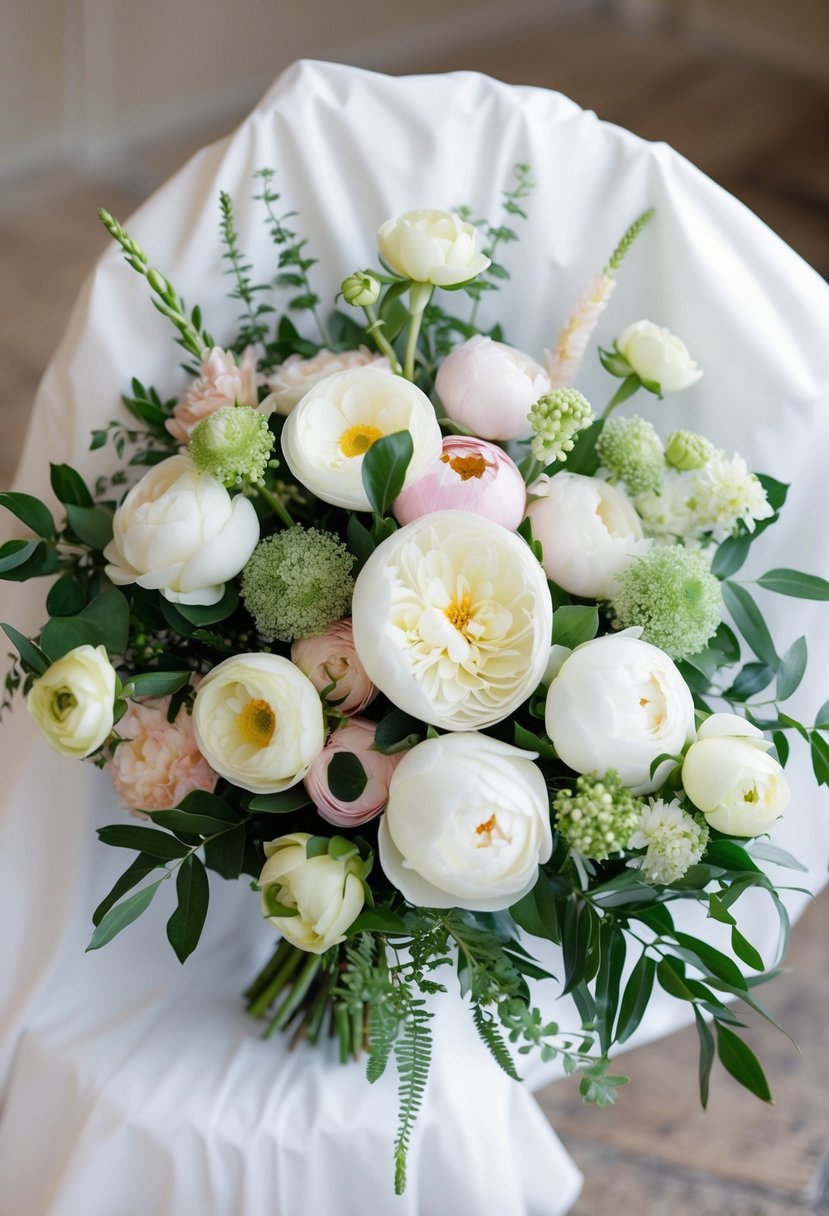 A bouquet of white roses, ranunculus, and peonies arranged in a cascading style with greenery and delicate filler flowers