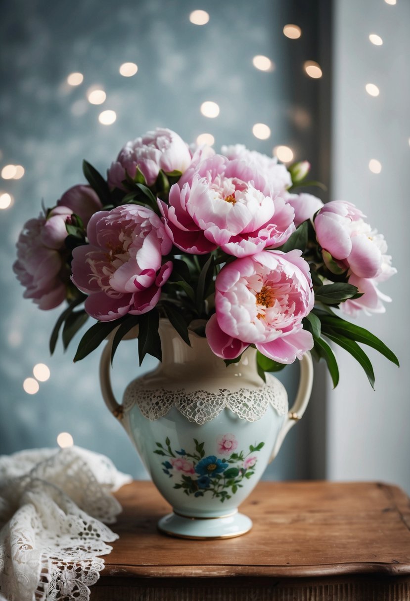 A vintage vase filled with peonies and lace accents