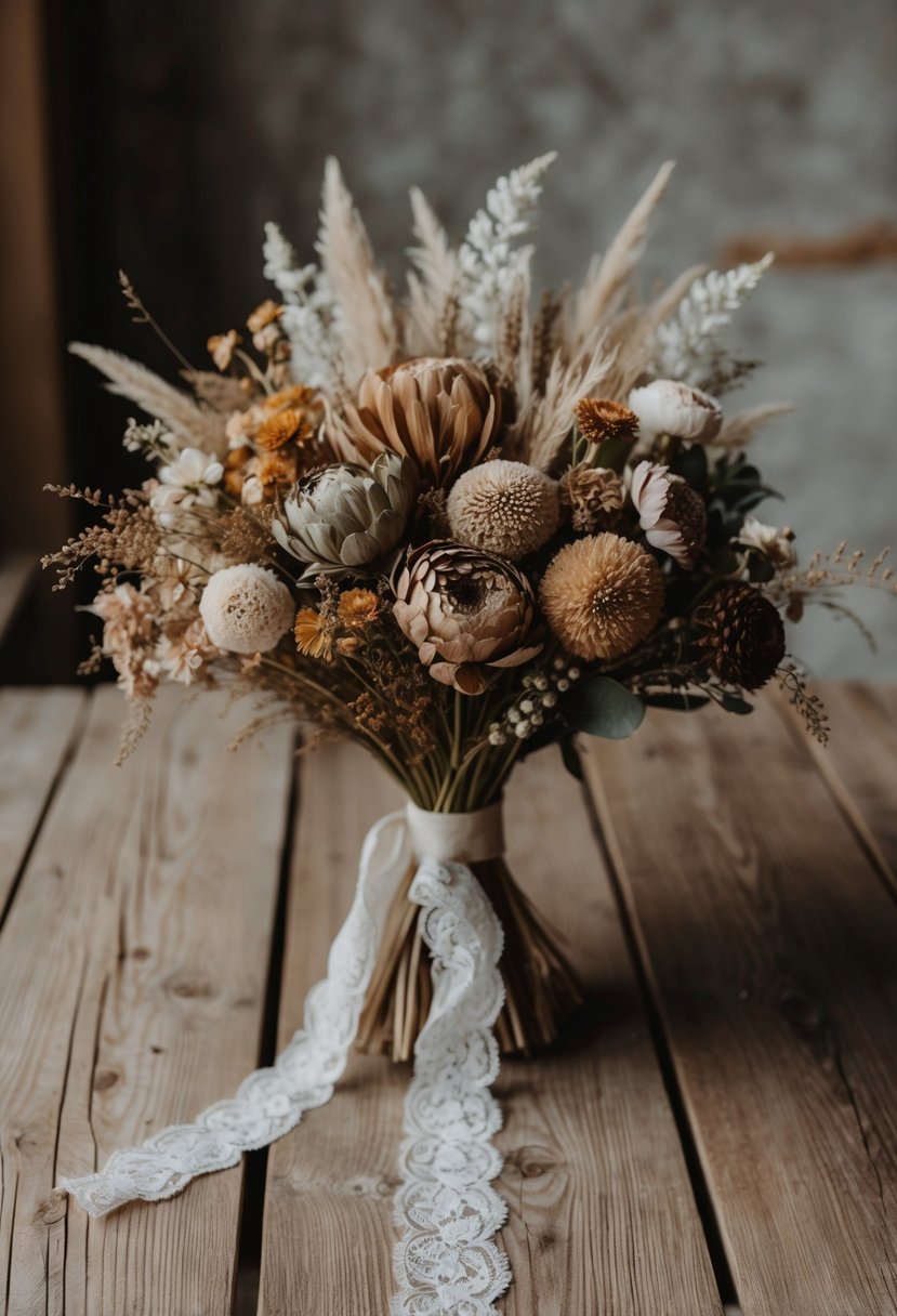 A rustic wooden table adorned with a vintage-inspired wedding bouquet of dried flowers in muted earthy tones, accented with delicate lace and ribbon