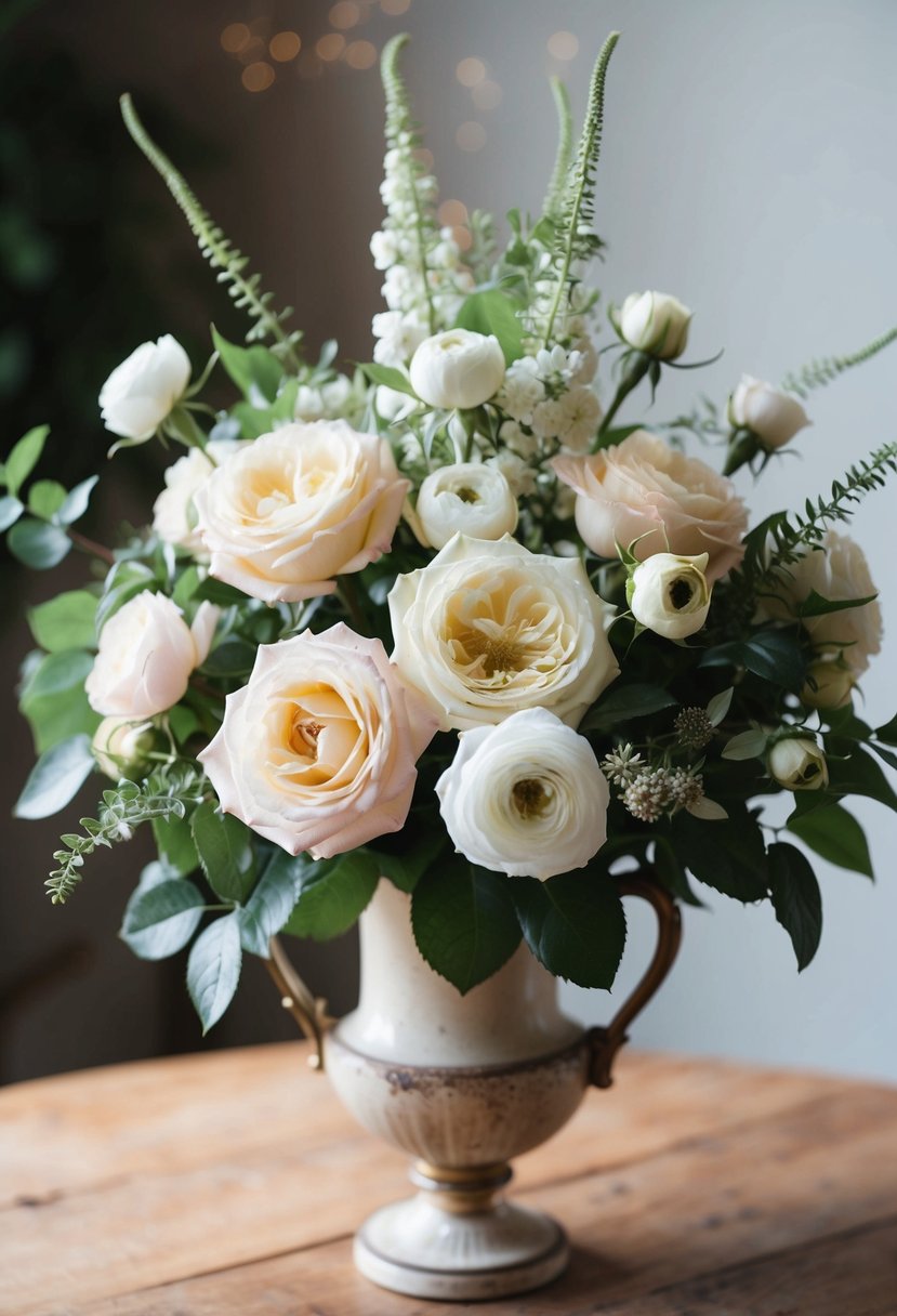 A lush bouquet of garden roses and white scabiosa, with delicate foliage, arranged in a vintage-style vase