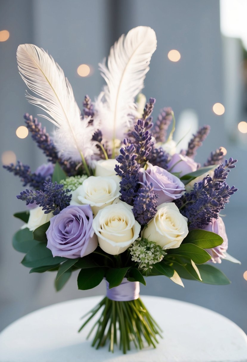 A delicate lavender bouquet with modern, unique feather accents