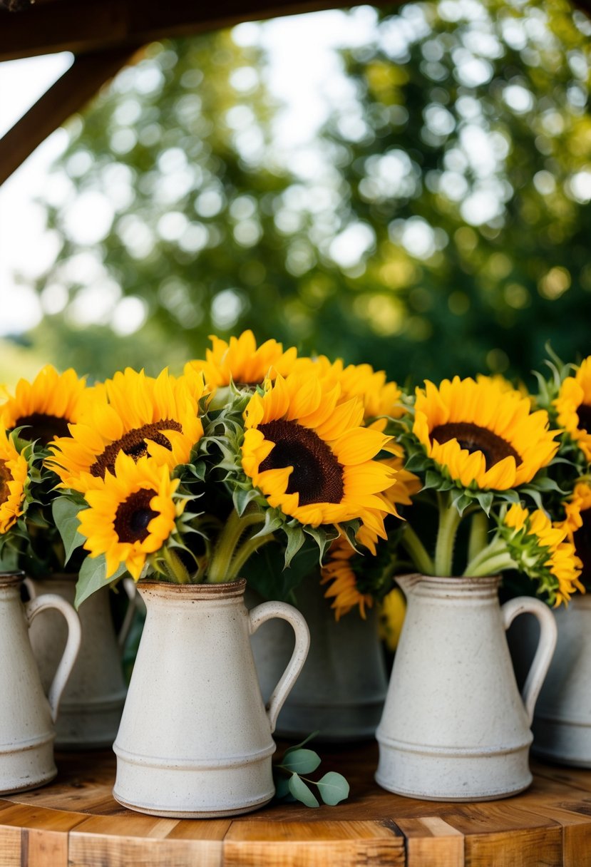 Vibrant sunflowers fill rustic jugs, arranged for a wedding bouquet