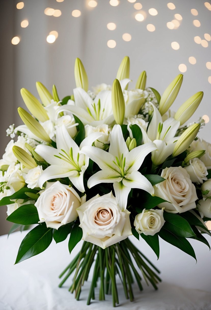 An elegant bouquet of white lilies and roses arranged in a delicate and romantic wedding bouquet