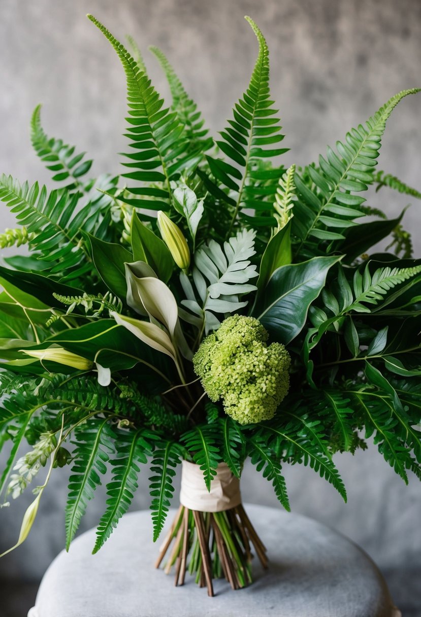 A lush, wild arrangement of green fern foliage with modern, unique touches, perfect for a wedding bouquet