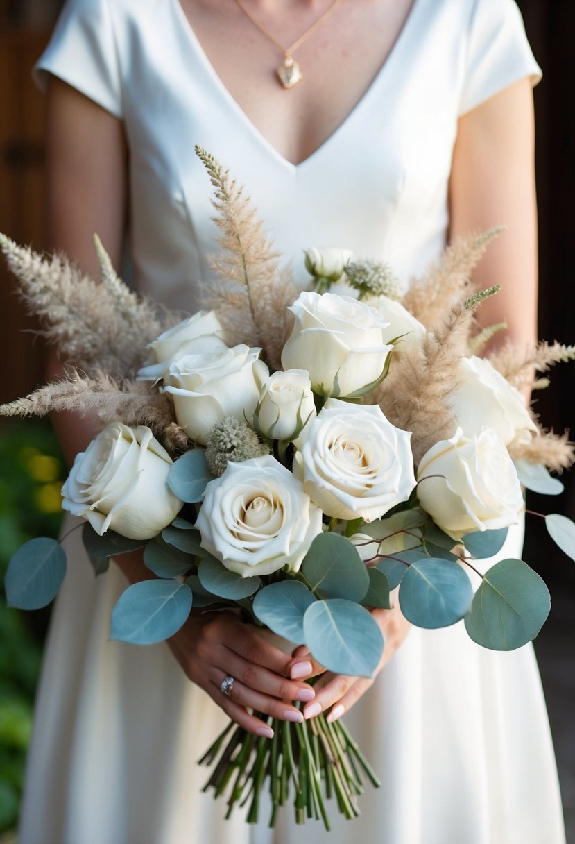 A bouquet of white roses, dusty miller, and lamb's ear arranged in a rustic, elegant style