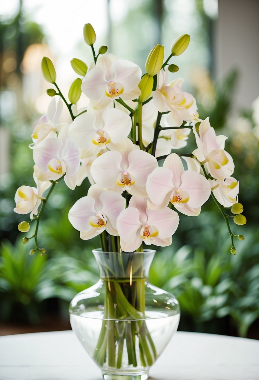 A glass vase holds a delicate arrangement of ethereal orchids and lilies, creating a stunning wedding bouquet