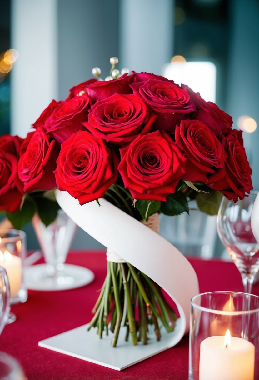 A bouquet of vibrant red roses intertwined with modern, unique elements, creating a romantic and elegant wedding centerpiece