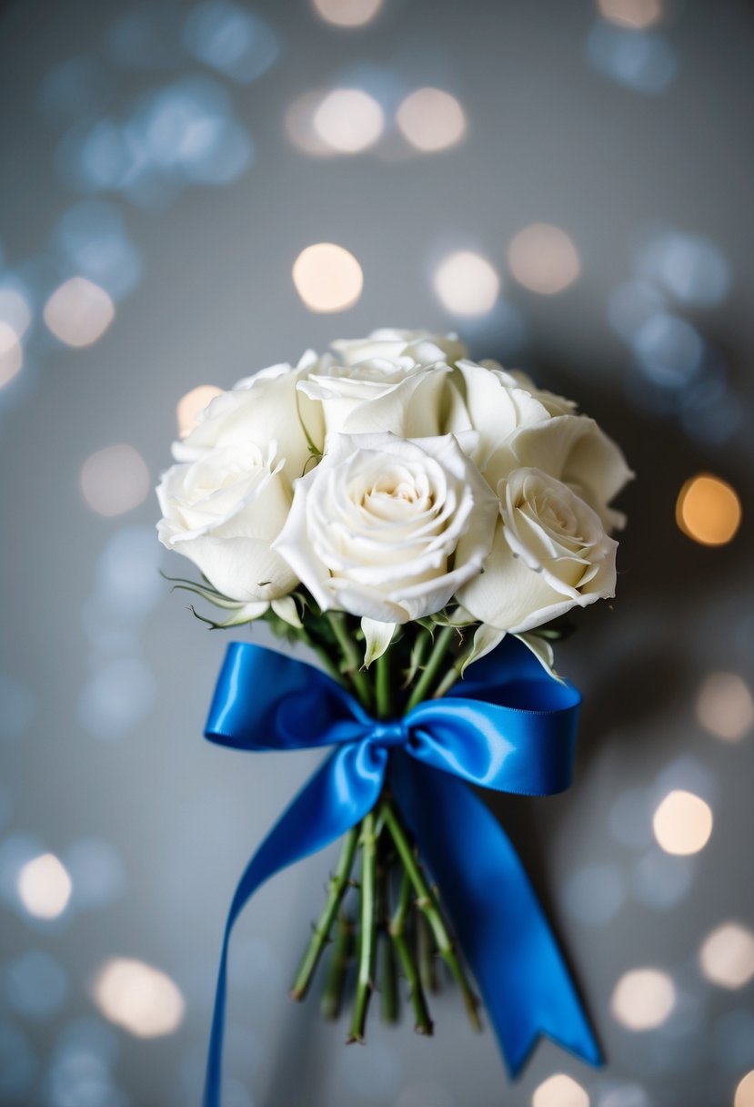 A simple white rose bouquet tied with a blue ribbon