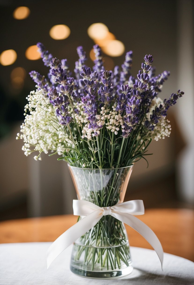 A clear glass vase filled with fragrant lavender and delicate baby's breath, tied with a satin ribbon