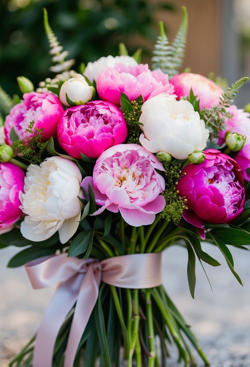 A vibrant bouquet of peonies in various shades of pink and white, accented with greenery, tied with a satin ribbon