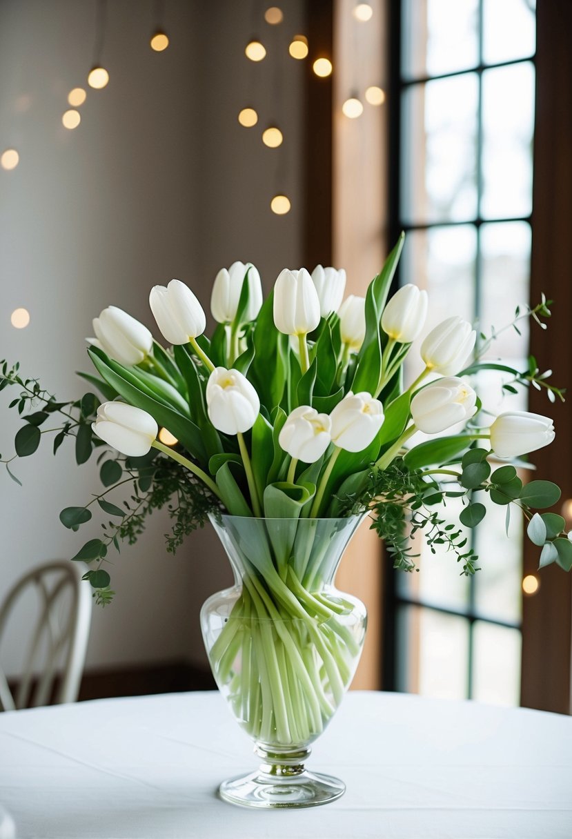 A clear glass vase filled with chic white tulips and greenery, arranged in a wedding bouquet style