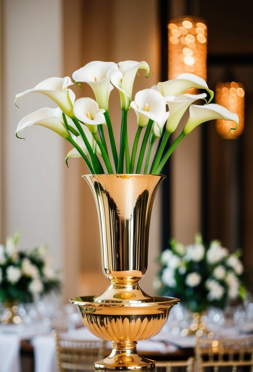 Tall gold vases hold elegant calla lilies, creating stunning wedding bouquet ideas