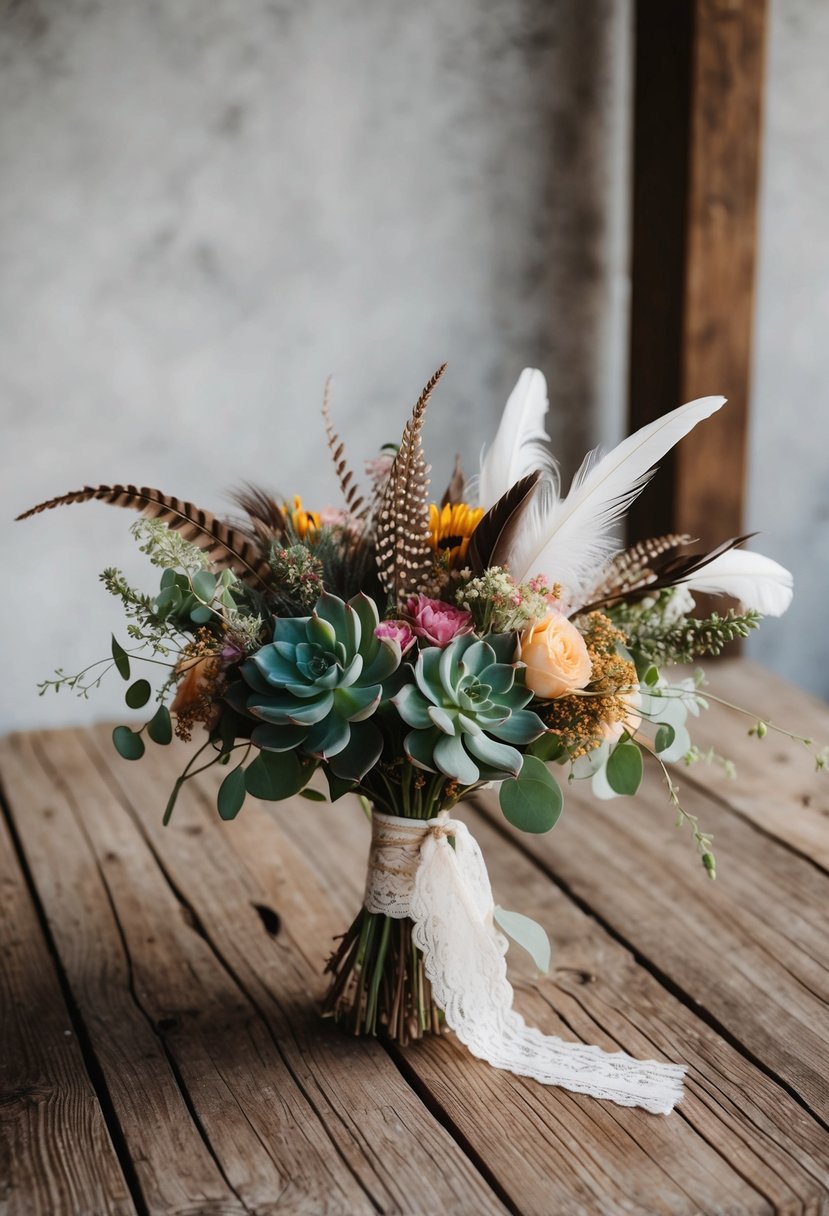 A rustic wooden table adorned with a bohemian-inspired wedding bouquet featuring wildflowers, succulents, and feathers, tied with a lace ribbon