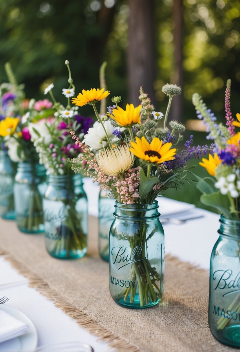 A table adorned with mason jar vases filled with a variety of wildflowers, creating a bohemian wedding bouquet centerpiece