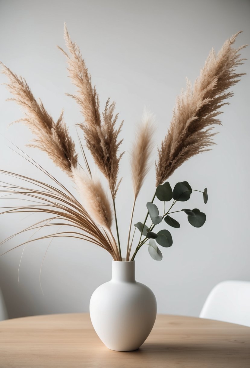 A sleek, white ceramic vase holds a minimalist arrangement of pampas grass and dried foliage, creating a modern and elegant wedding bouquet idea