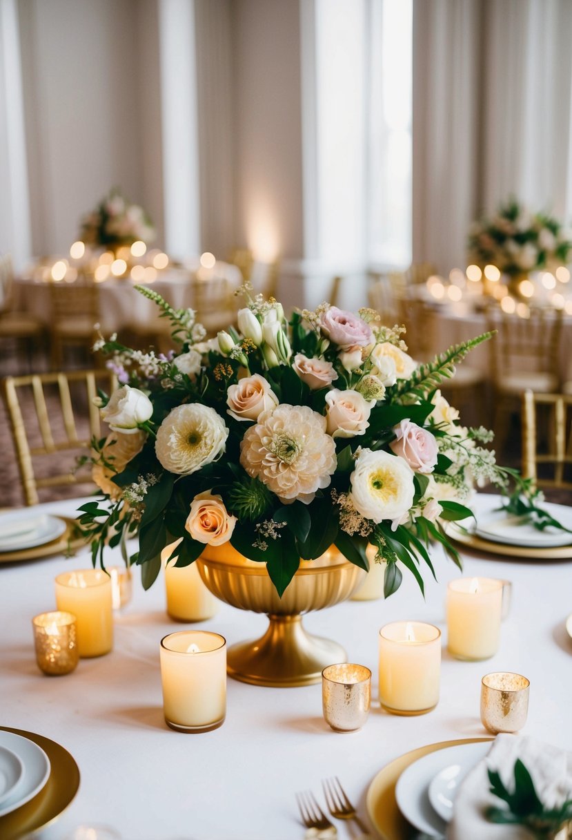 An ornate floral centerpiece surrounded by candles and gold accents on a white tablecloth