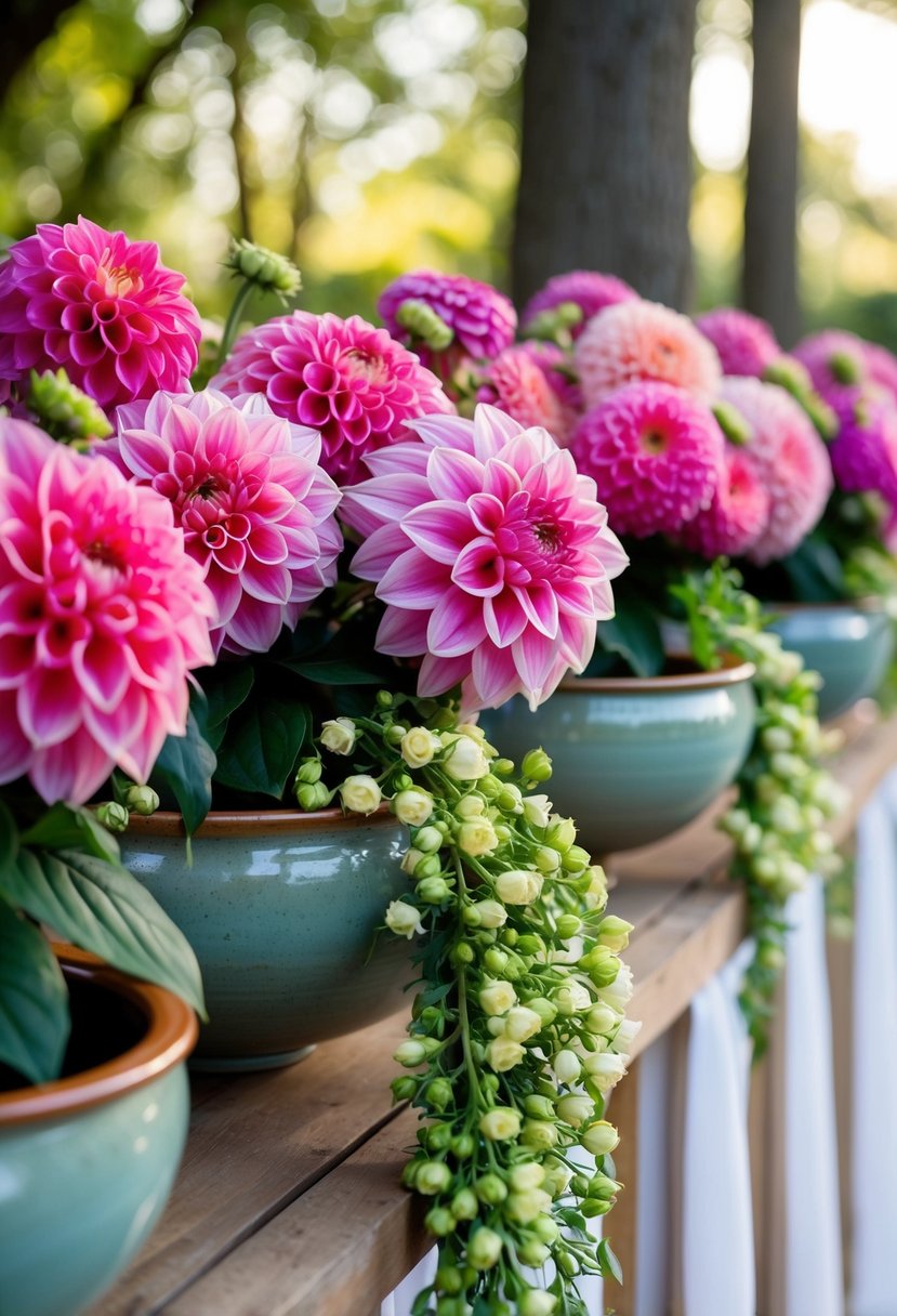 Vibrant dahlias fill three ceramic bowls in a cascading wedding bouquet