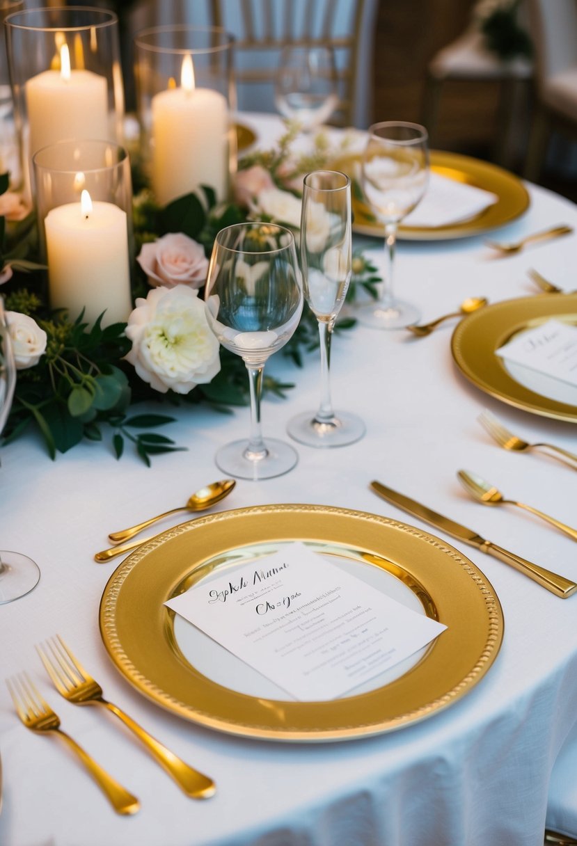 Gold-rimmed charger plates arranged on a white linen tablecloth with floral centerpieces and candlelight