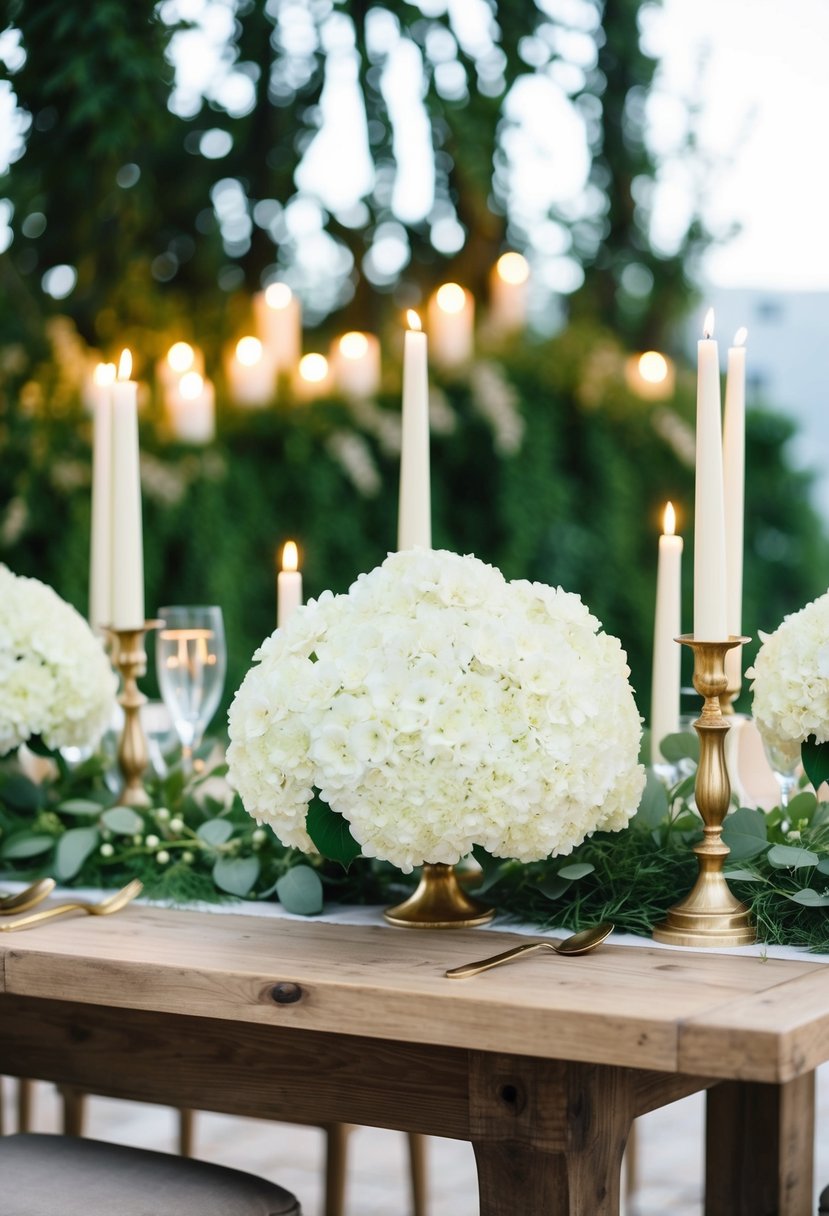 A rustic wooden table adorned with white hydrangeas, greenery, and gold candlesticks, set against a backdrop of lush greenery and soft candlelight