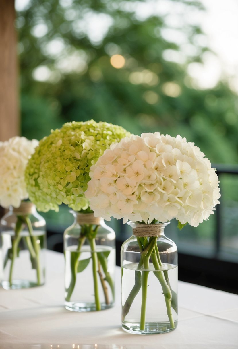 Hydrangeas in clear glass vases, arranged in a simple wedding bouquet