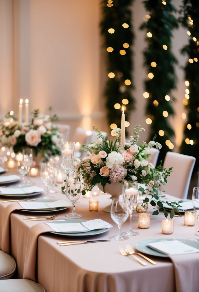 Elegant wedding table set with blush linen tablecloths, adorned with delicate floral centerpieces and sparkling candlelight