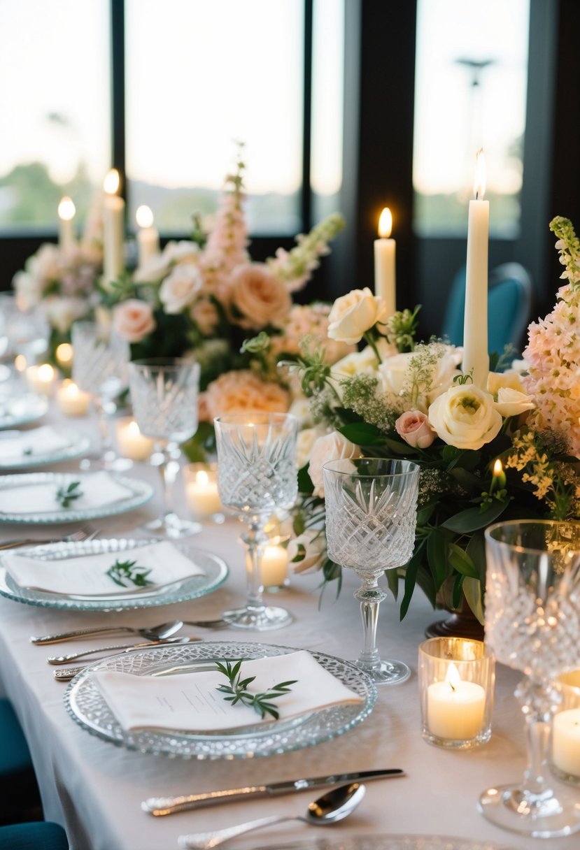 A table set with crystal drinkware, adorned with delicate floral arrangements and flickering candlelight