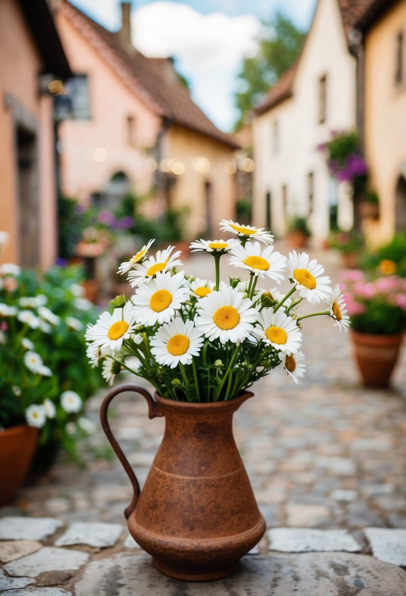 A rustic vase filled with daisies, nestled in a charming village setting