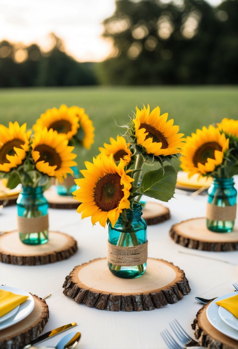 Rustic wood slice centerpieces adorned with vibrant sunflowers create a charming August wedding table decoration