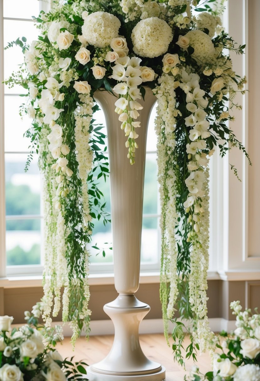 A tall, elegant vase holds a lush, cascading arrangement of ivory flowers, creating a timeless and romantic wedding bouquet idea