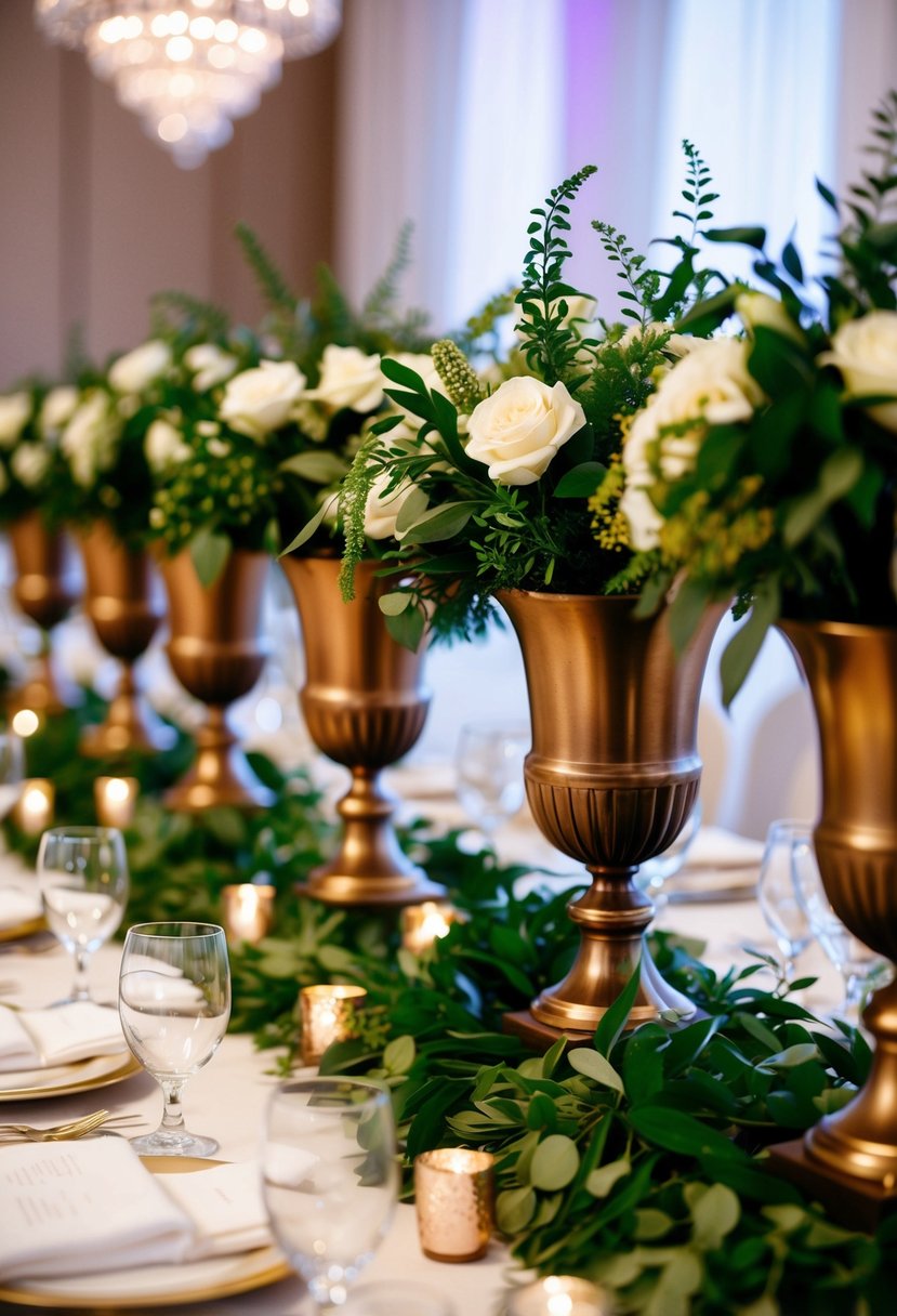 Bronze vases filled with lush greenery adorn a wedding table, exuding elegance and sophistication