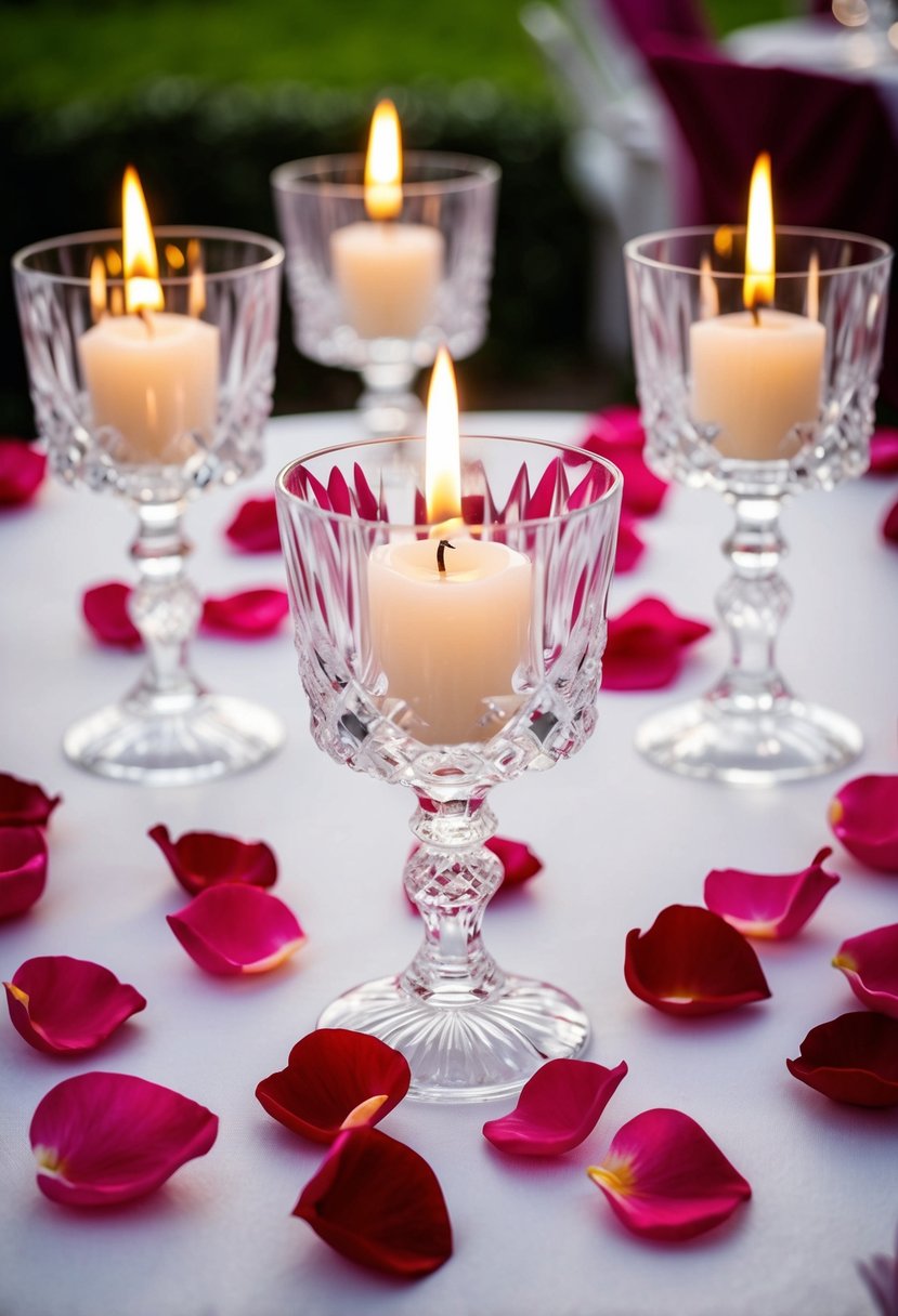 Elegant crystal candle holders surrounded by scattered rose petals on a wedding table