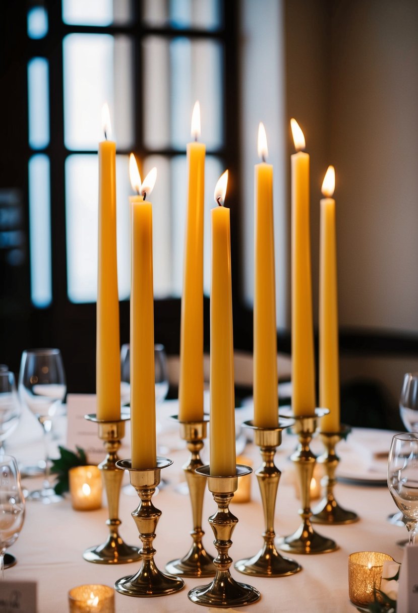 Taper candles in elegant holders arranged on a wedding table centerpiece