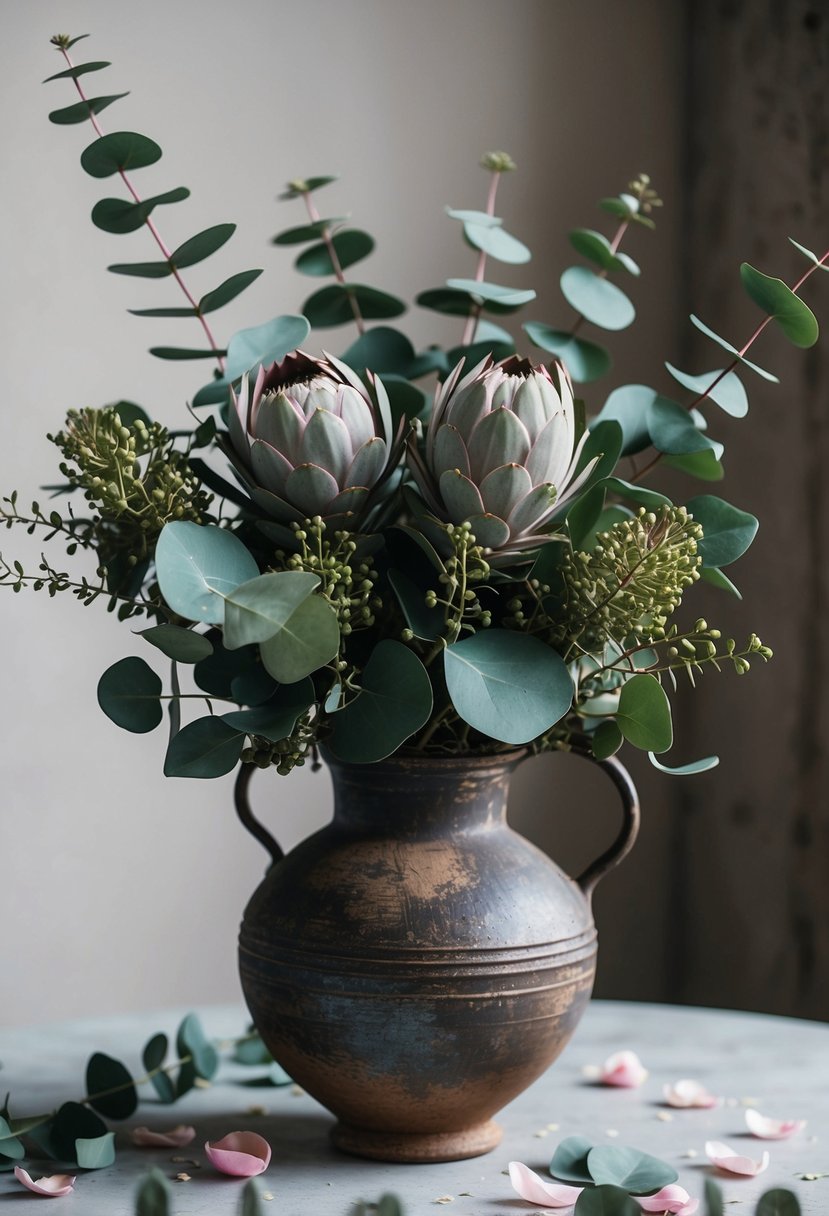 A rustic vase filled with eucalyptus and protea, surrounded by scattered petals and greenery