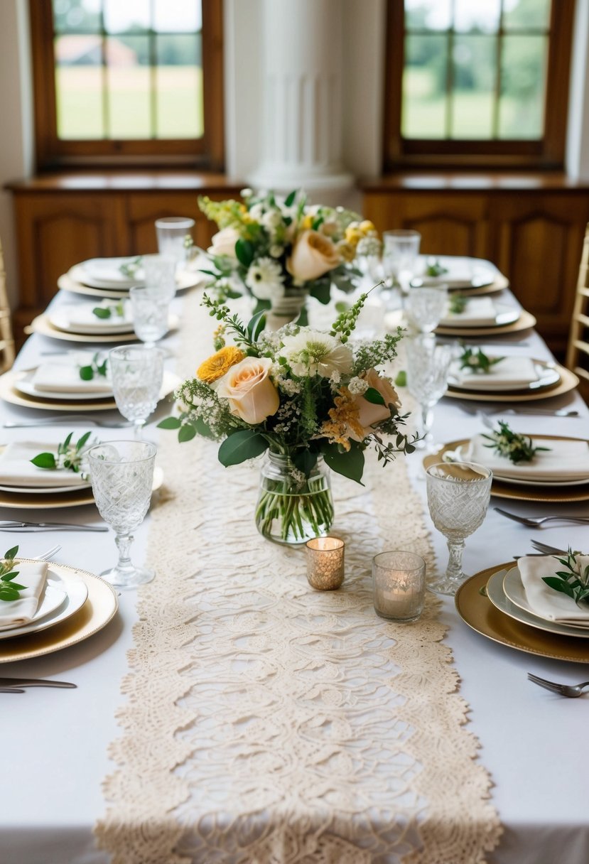 A vintage lace table runner adorns a table set with elegant place settings and fresh flowers for an August wedding