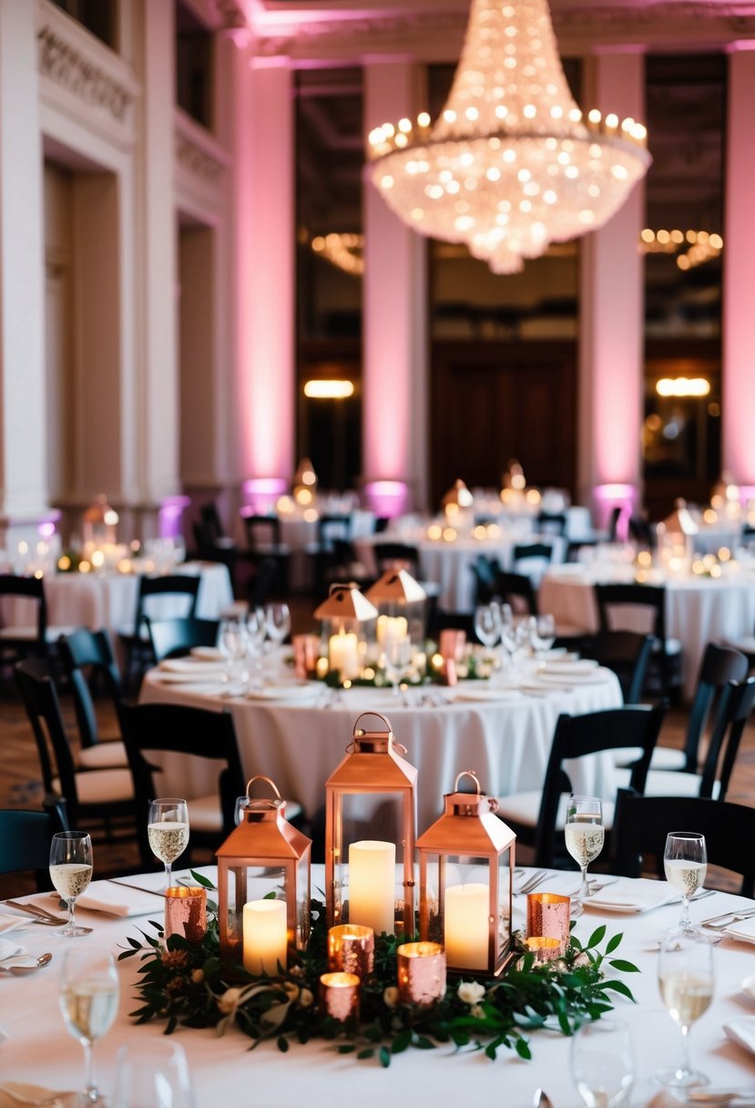 A grand ballroom with round tables adorned with copper lantern centerpieces, casting a warm and romantic glow over the elegant wedding reception