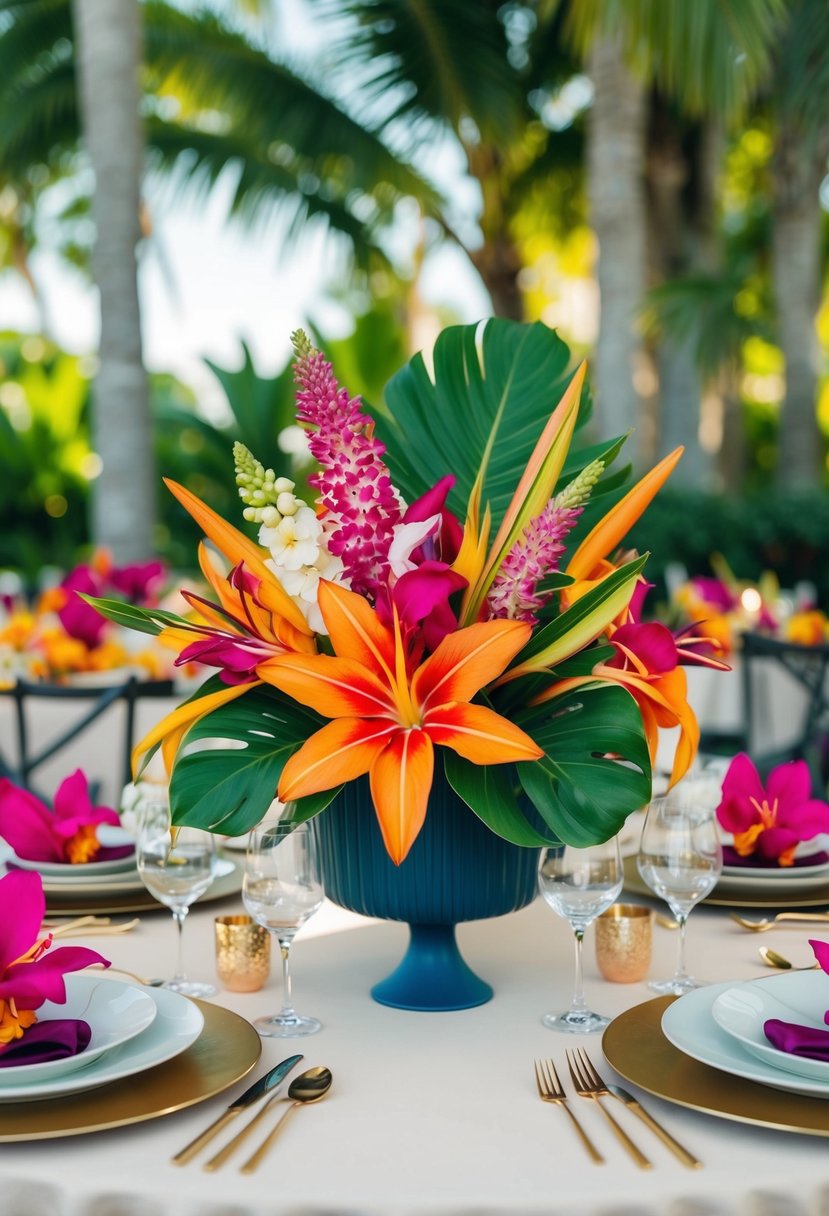 Vibrant tropical flowers in bold arrangements adorn an August wedding table