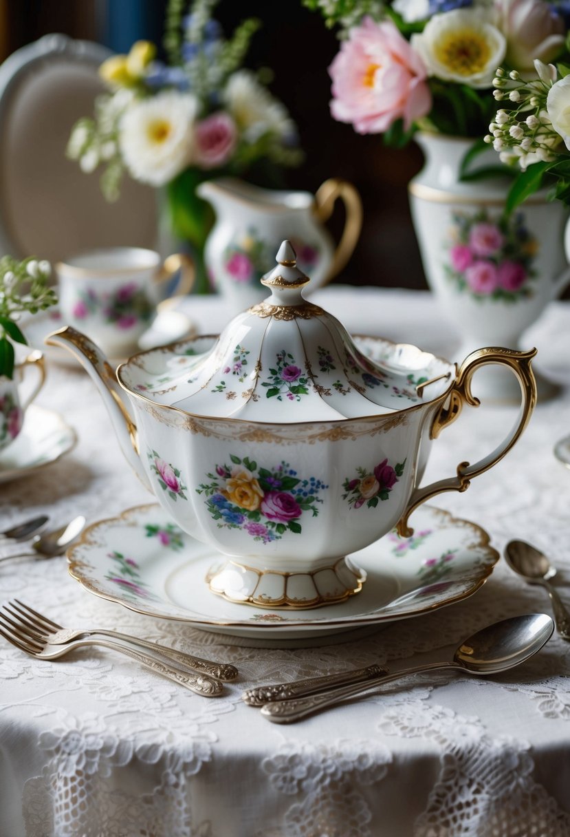 An ornate vintage china tea set on a lace tablecloth, surrounded by delicate floral centerpieces and antique silverware