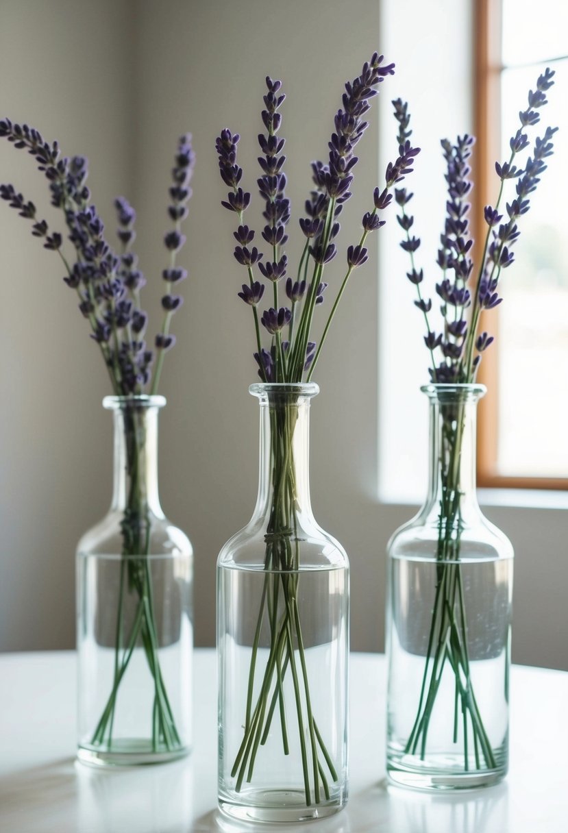 Clear glass vases with lavender sprigs, set on a white table