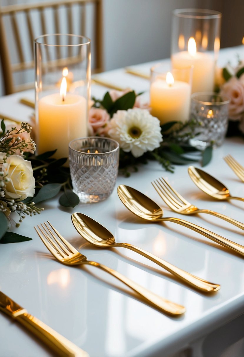 Golden cutlery gleams on a pristine white table, surrounded by delicate floral arrangements and flickering candlelight