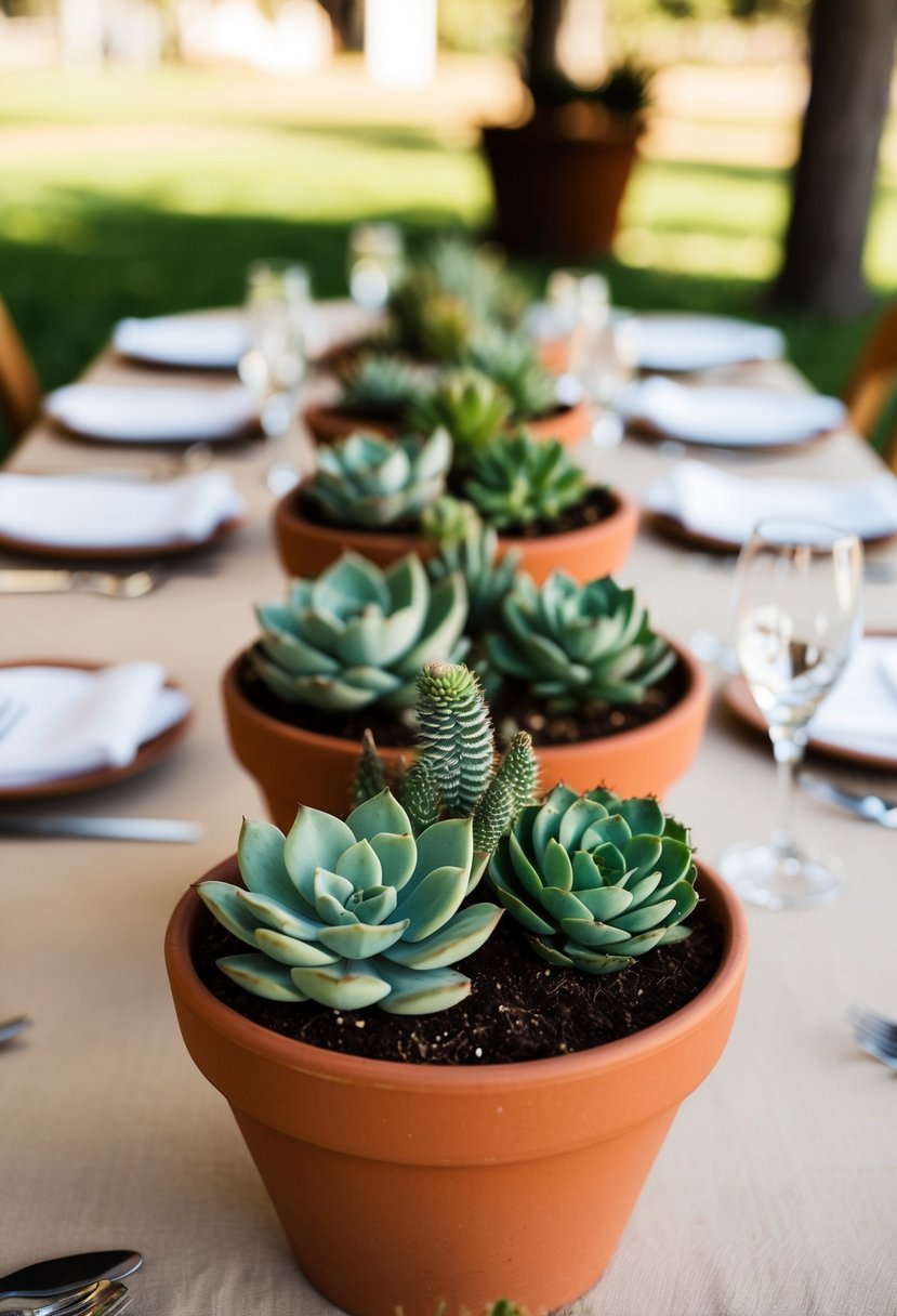 Succulents in terracotta pots adorn an eco-friendly wedding table