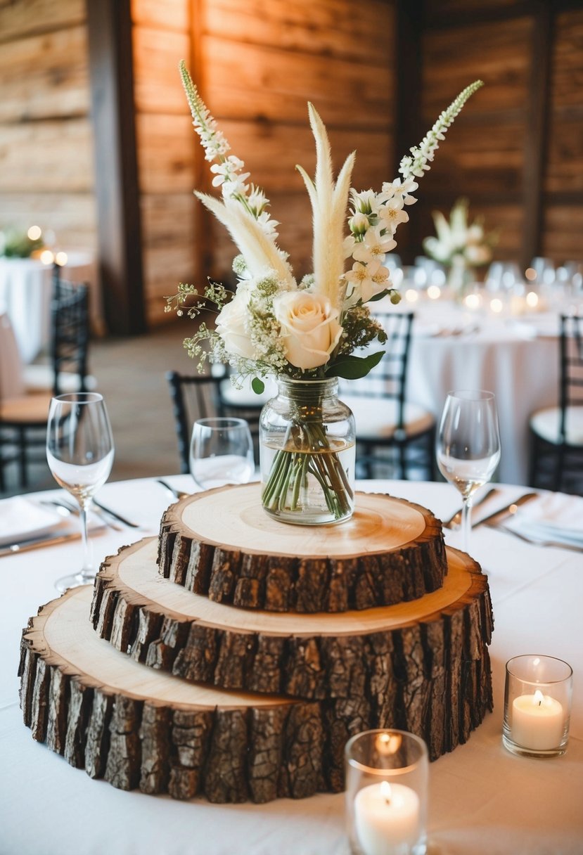 Rustic tree slices, adorned with delicate floral arrangements, grace the elegant wedding reception tables