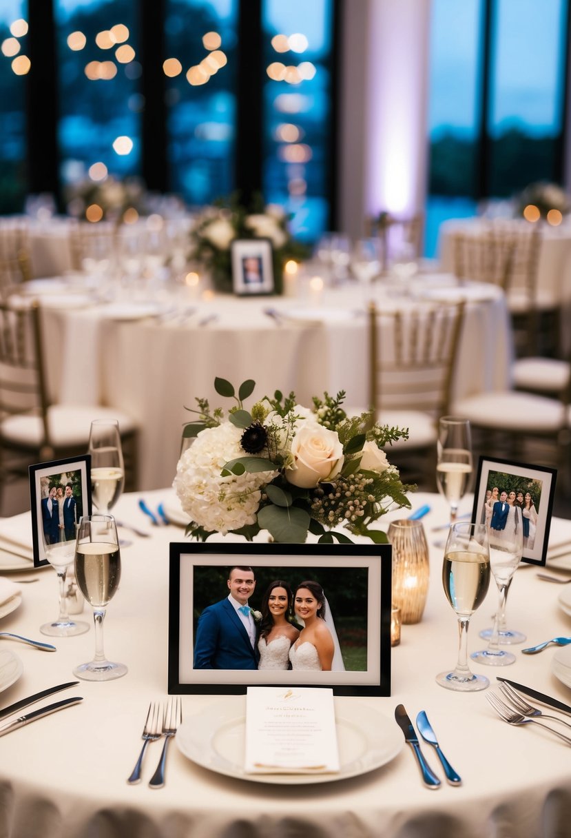 Elegant wedding table settings with photos of the couple at each table