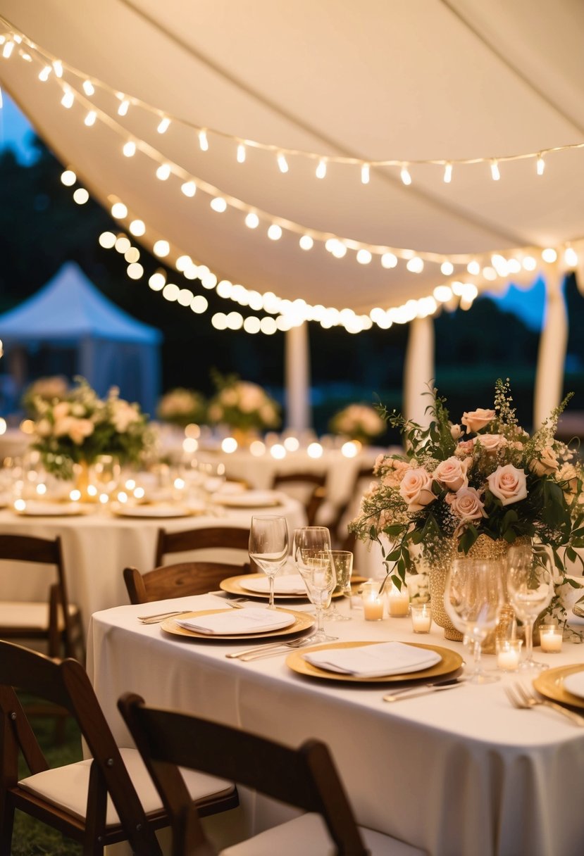 Fairy lights drape over tables, casting a warm glow. Flower arrangements and delicate details add whimsy to an August wedding scene